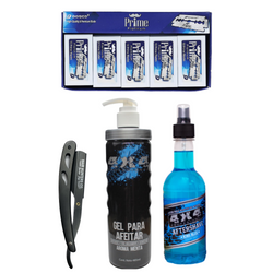 KIT AFTERSHAVE, GEL P/AFEITAR, PORTA NAVAJAS NEGRO Y NAVAJAS DORCO PRIME