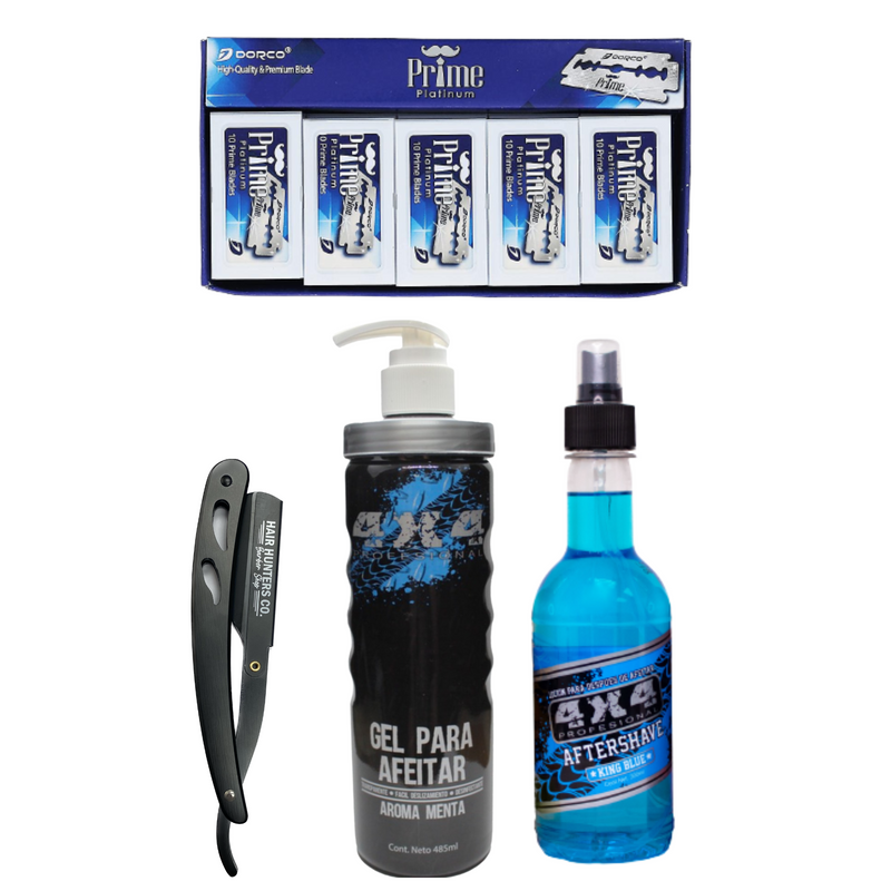 KIT AFTERSHAVE, GEL P/AFEITAR, PORTA NAVAJAS NEGRO Y NAVAJAS DORCO PRIME