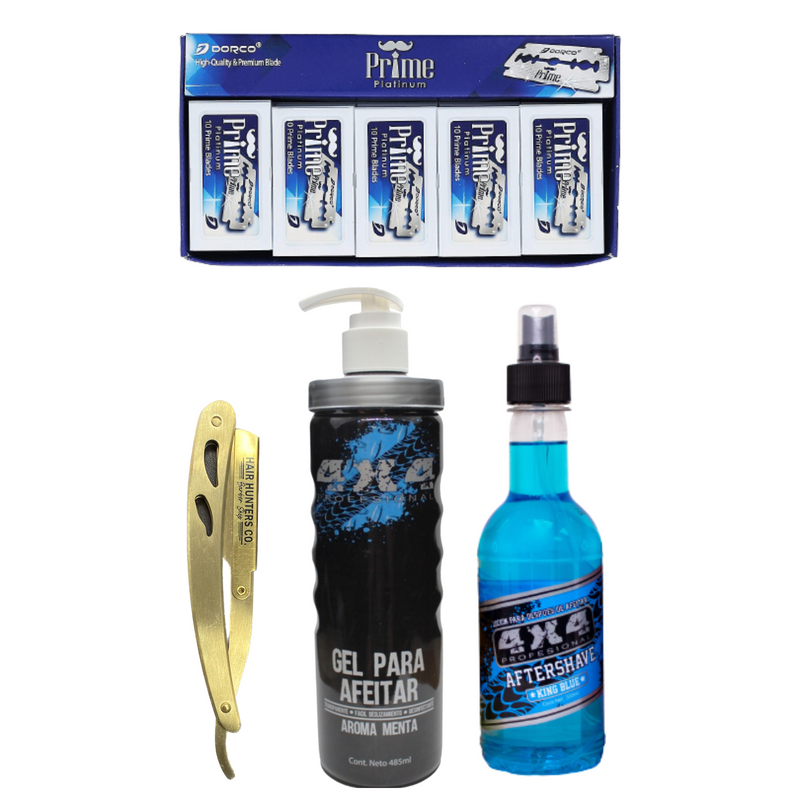 KIT AFTERSHAVE, GEL P/AFEITAR, PORTA NAVAJAS DORADO Y NAVAJAS DORCO PRIME